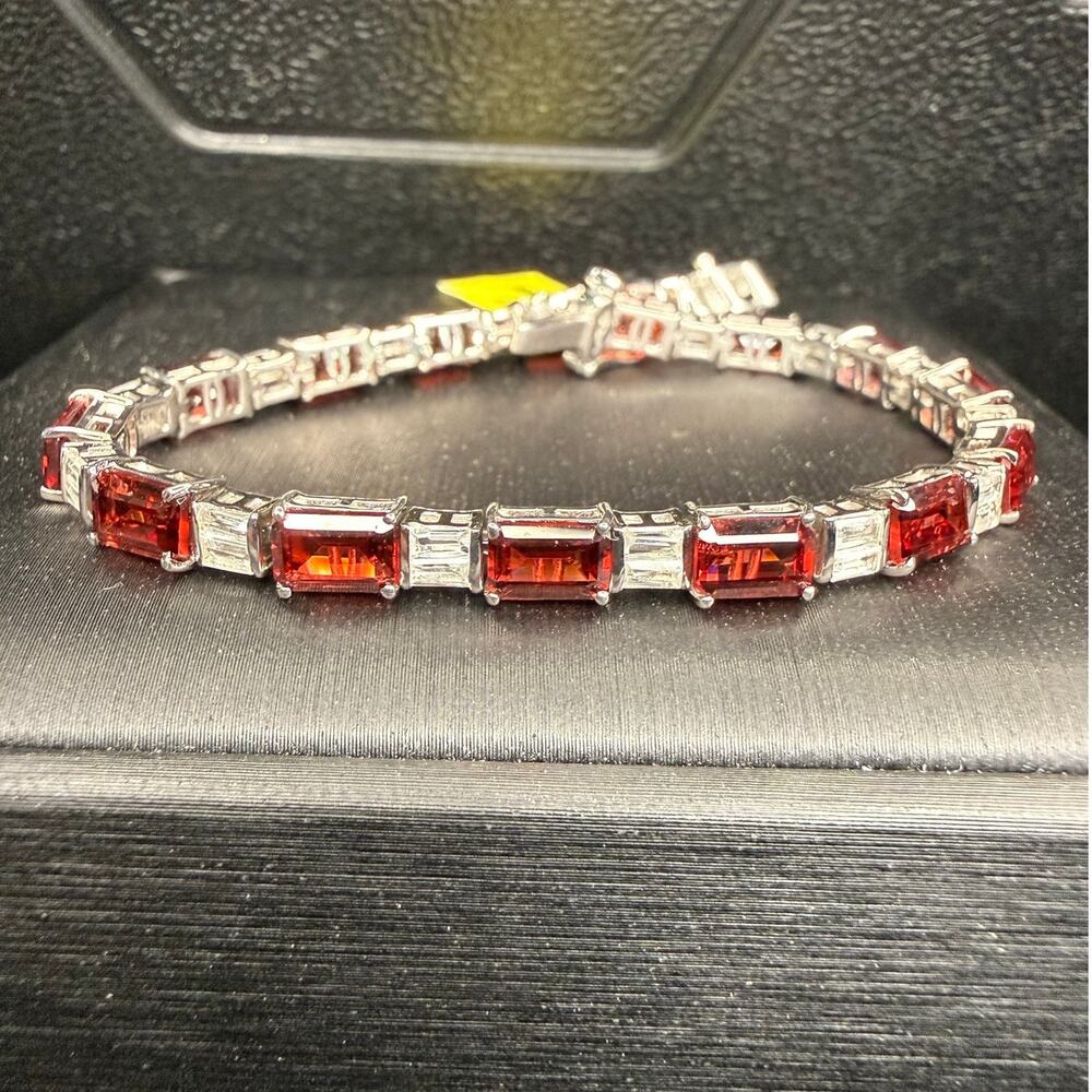 Solid 925 Sterling Silver 11 CTTW Red Garnet White Topaz Tennis Bracelet 7" Long